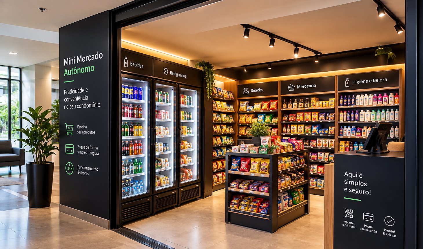 Minimercado autônomo instalado no hall de um condomínio residencial, com geladeiras de bebidas, gôndolas de snacks e mercearia e totem de pagamento por QR Code ou cartão